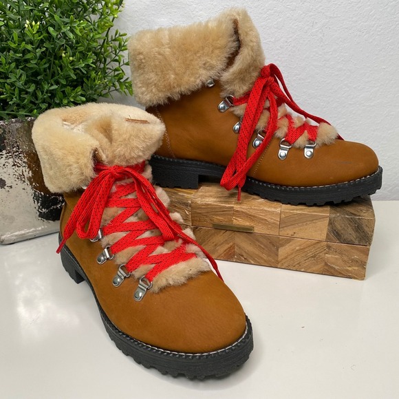 J.Crew Nordic Ankle Boots Fur Trim Lug Sole Red Laces Glazed Pecan Nubuck Sz 9 - Picture 1 of 13